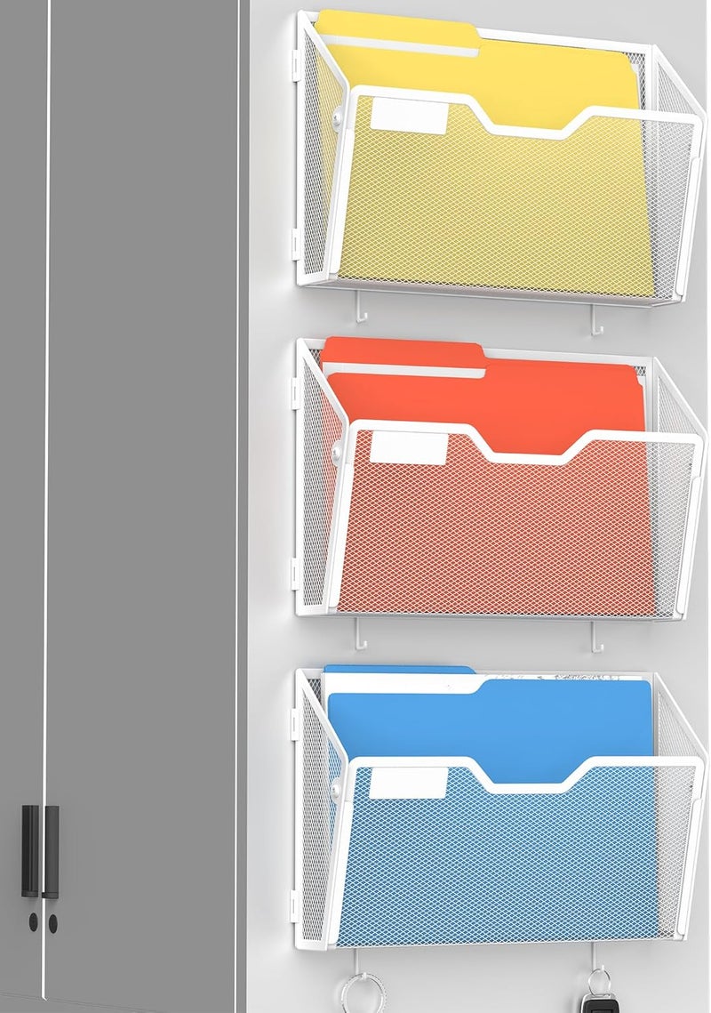 Docnest 3 Pack Magnetic Wall Mounted File Holders,Mesh Letter Organizer with Hooks, Magnetic Hanging Mail Paper Document Organizer for Office, Home, School, White - Image 1